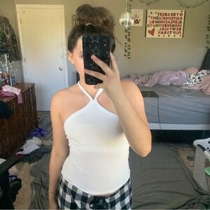 White Halter Neck Ribbed Top